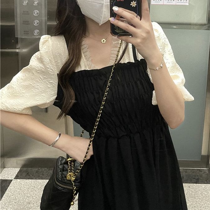 Midi Ruched Dress A-Line Puff Mock Piece Two V-Neck Sleeve