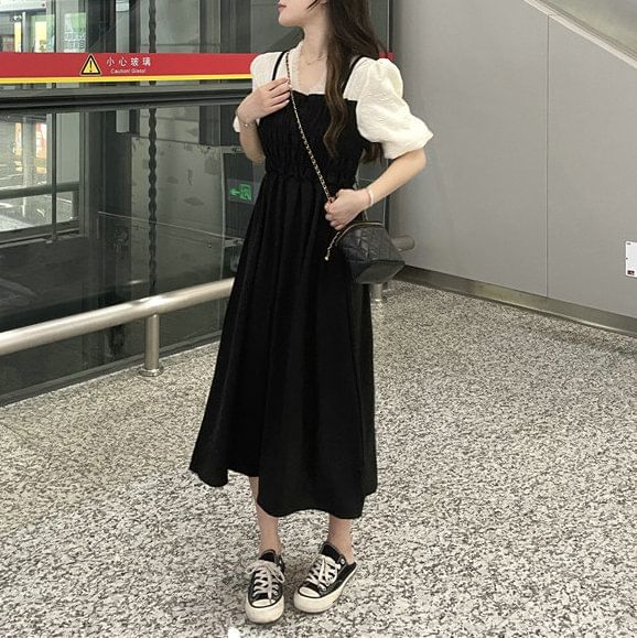 Midi Ruched Dress A-Line Puff Mock Piece Two V-Neck Sleeve