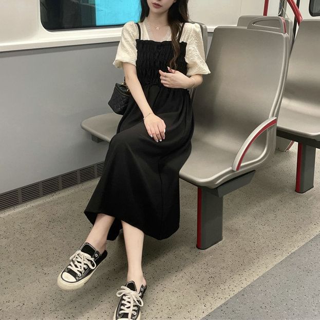 Midi Ruched Dress A-Line Puff Mock Piece Two V-Neck Sleeve