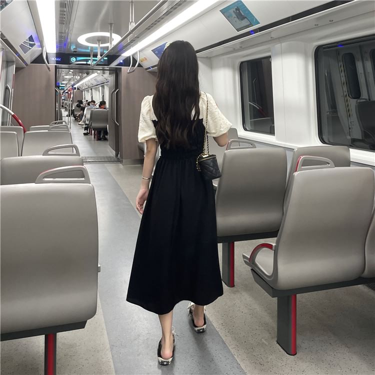 Midi Ruched Dress A-Line Puff Mock Piece Two V-Neck Sleeve