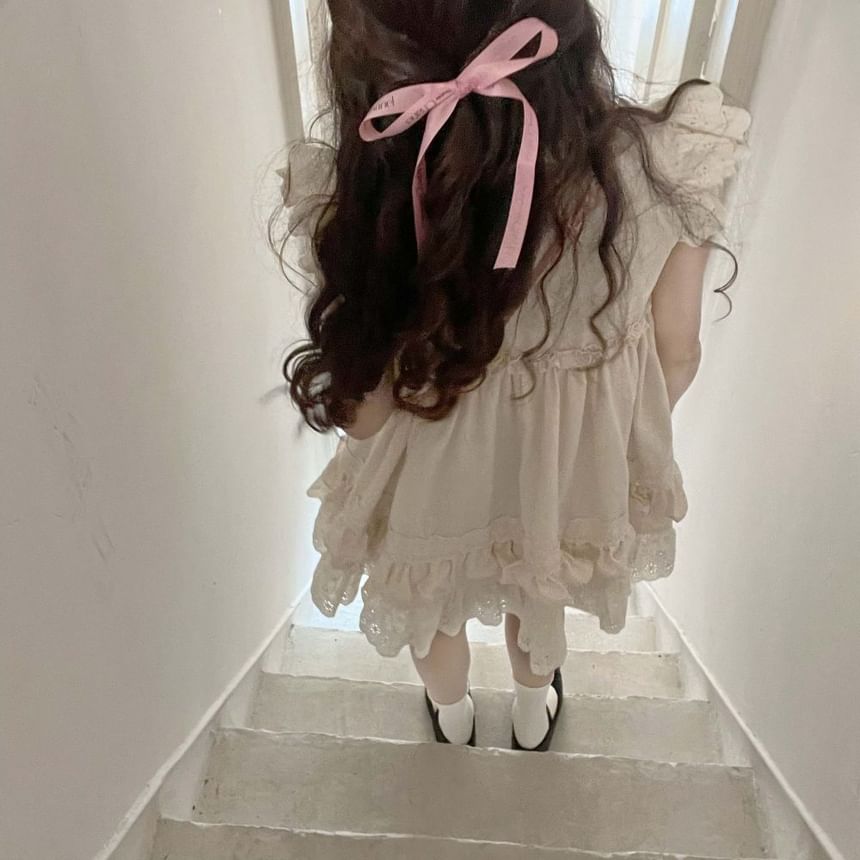 Cap Sleeve Ruffle Dress Round Bow Neck Embroidered Mini A-Line