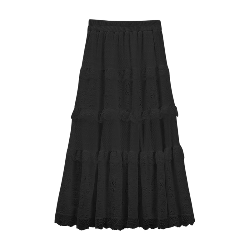 Ruffle Panel Maxi A-Line Skirt with Elastic Waist