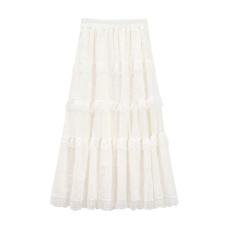 Ruffle Panel Maxi A-Line Skirt with Elastic Waist