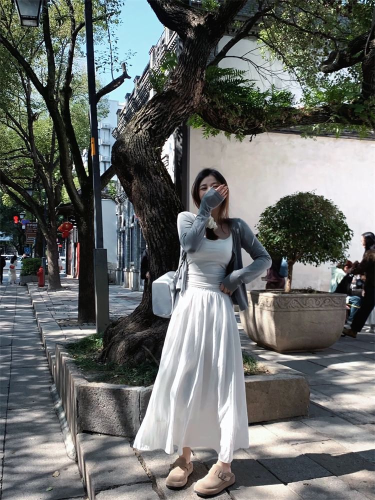 Plain Cardigan / Camisole Top / High Waist Maxi A-Line Skirt