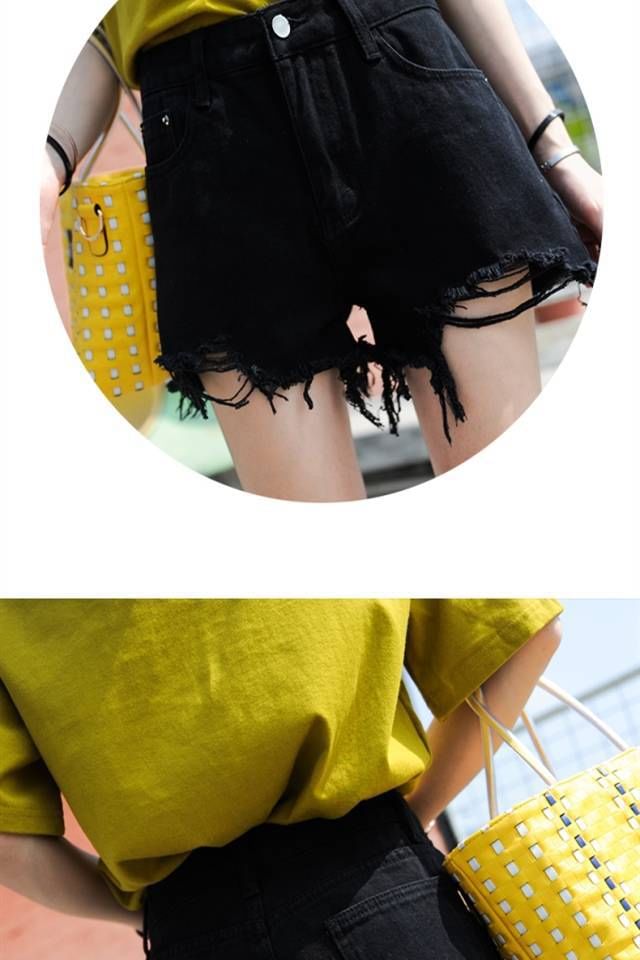 Mid Waist Plain Frayed Distressed Wide Leg Denim Shorts