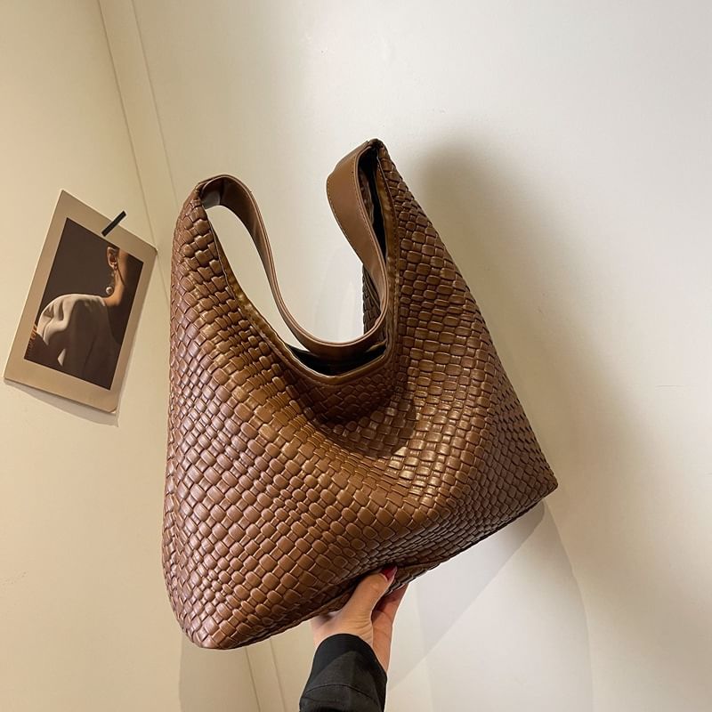 Leather Faux Woven Shoulder Bag