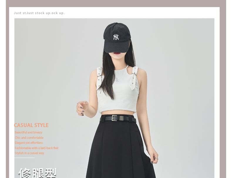 Pleated A-Line Midi Skirt with High Waist