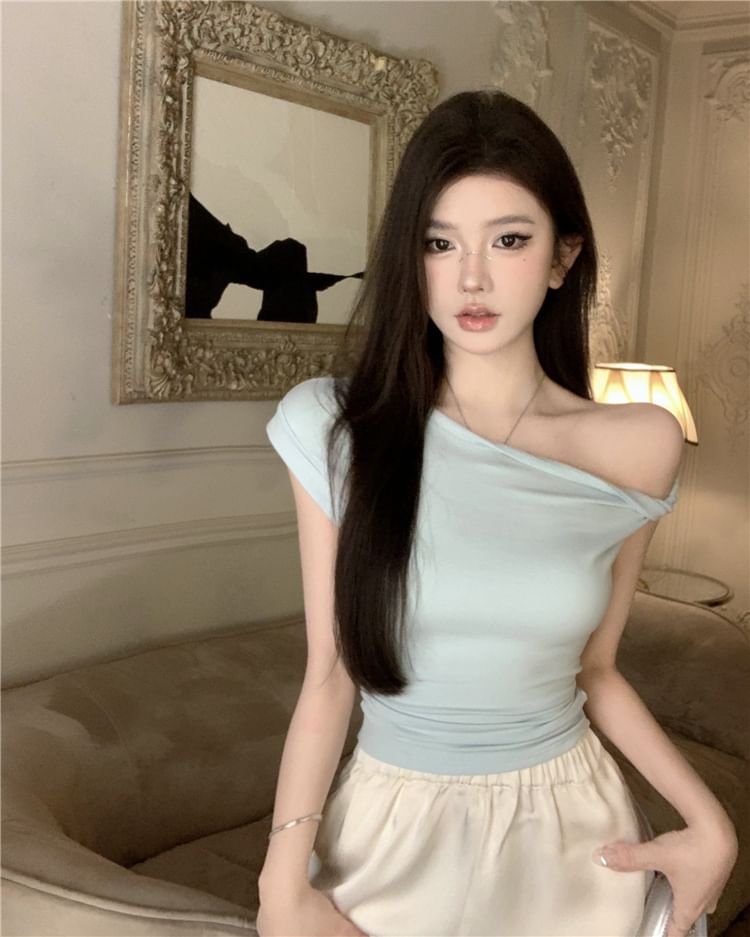 Cap-Sleeve Shoulder Plain Cold T-Shirt