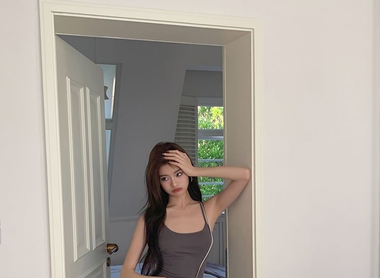 Mermaid Back Open Neck Dress Spaghetti Midi Slit Plain Scoop Strap