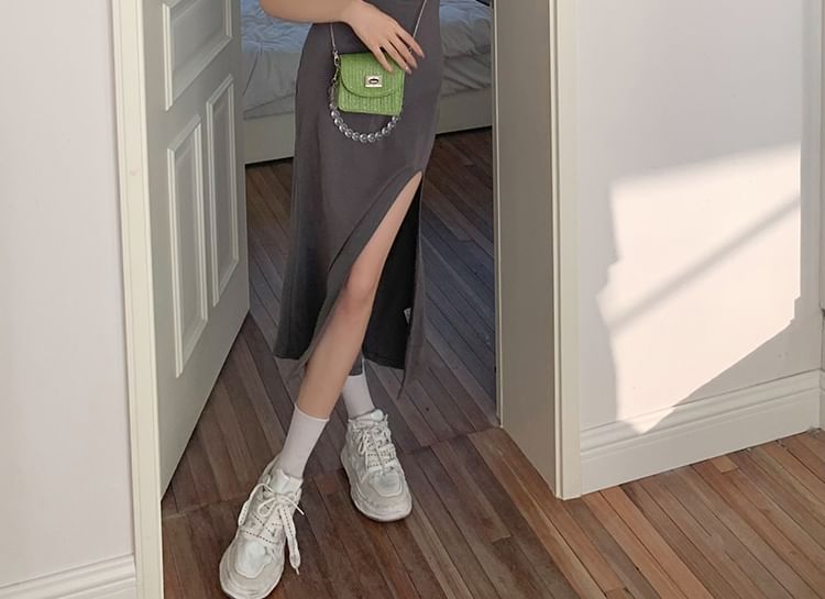 Mermaid Back Open Neck Dress Spaghetti Midi Slit Plain Scoop Strap