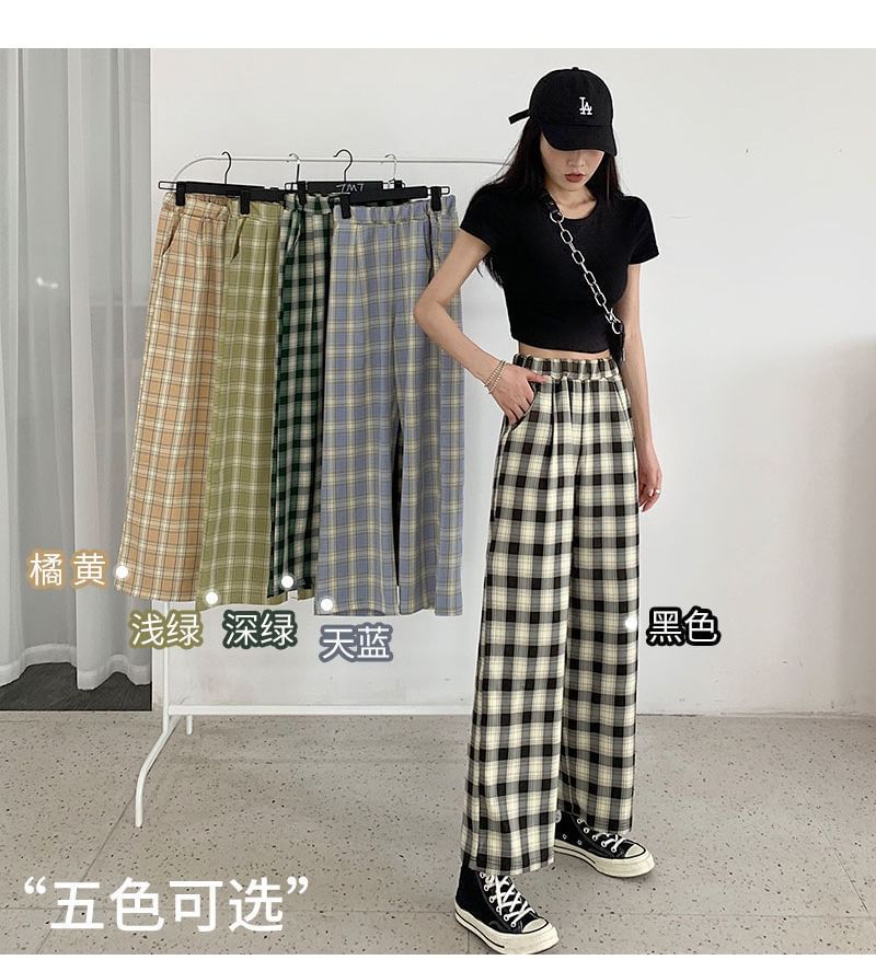Waist Leg Elastic Wide Plaid Pants