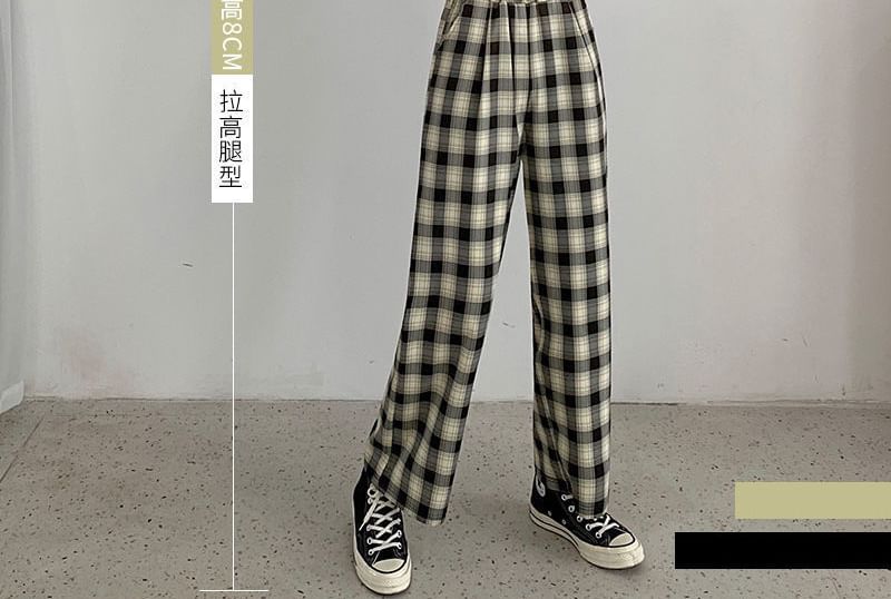 Waist Leg Elastic Wide Plaid Pants