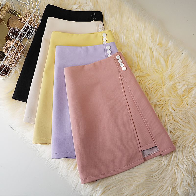 Skirt Button Plain A-Line Panel High Mini Waist