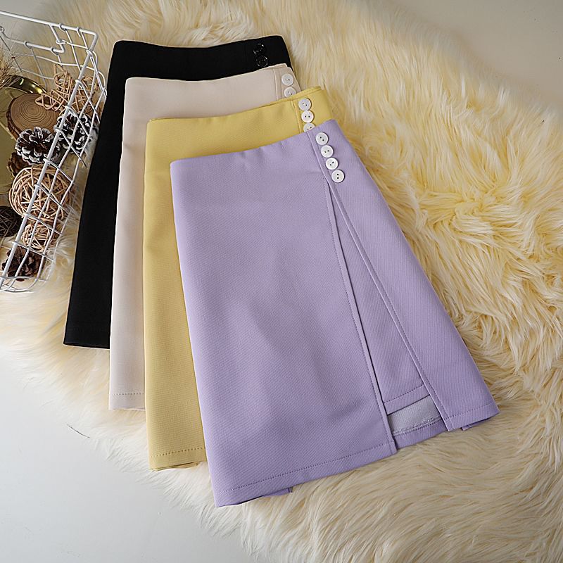 Skirt Button Plain A-Line Panel High Mini Waist