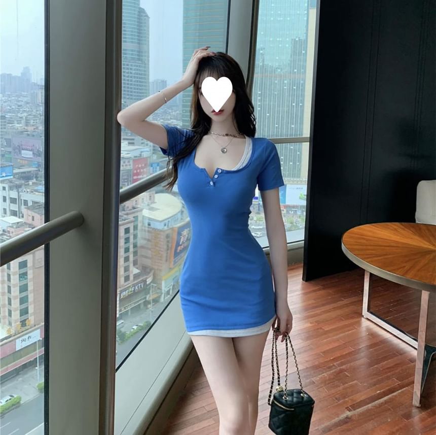 Two Henley Dress Piece Mini Short-Sleeve Mock Sheath