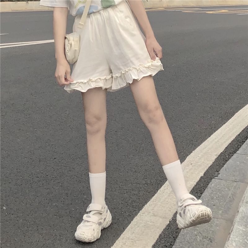 Waist Plain Ruffle Elastic Shorts