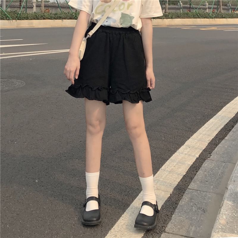 Waist Plain Ruffle Elastic Shorts