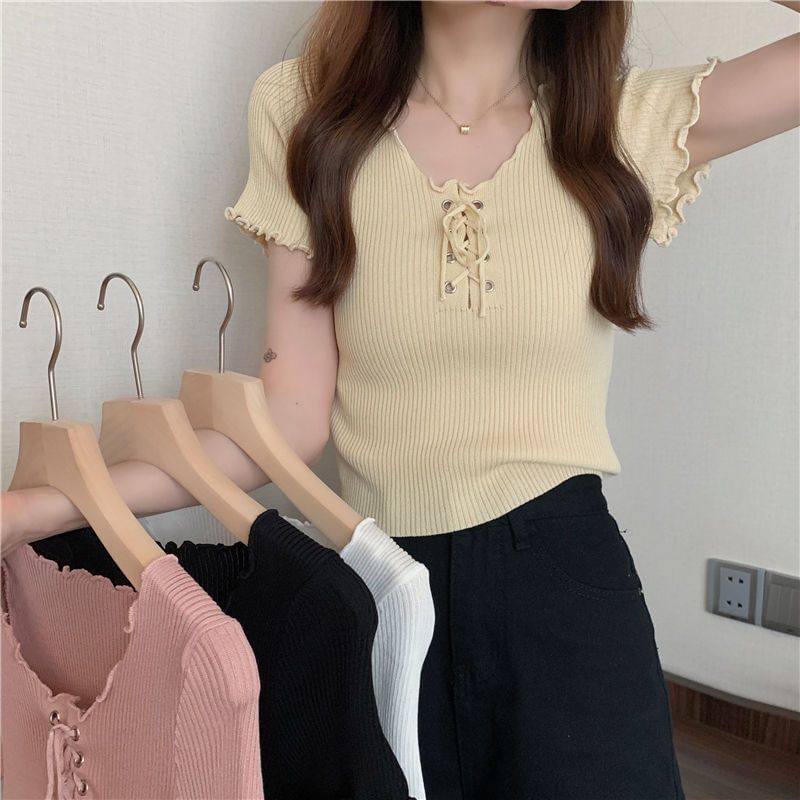 Short-Sleeve Knit Top Plain Lace Ribbed Up V-Neck