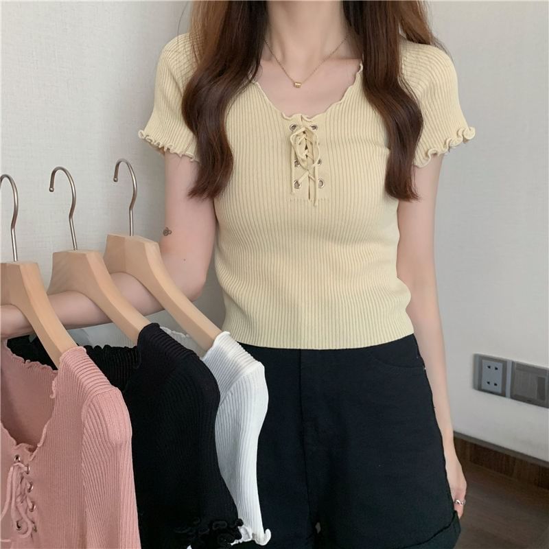 Short-Sleeve Knit Top Plain Lace Ribbed Up V-Neck