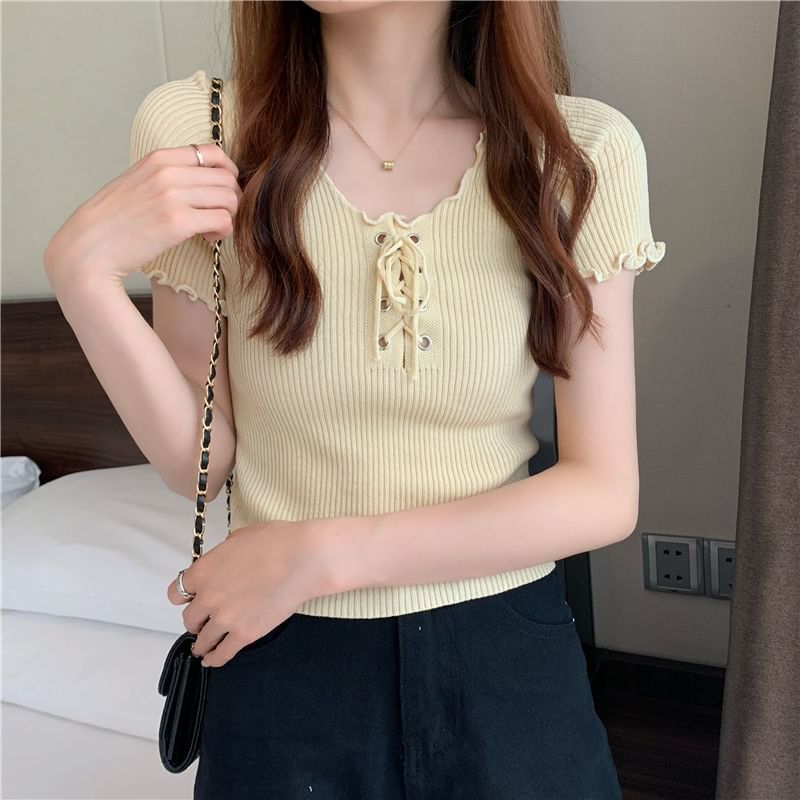 Short-Sleeve Knit Top Plain Lace Ribbed Up V-Neck