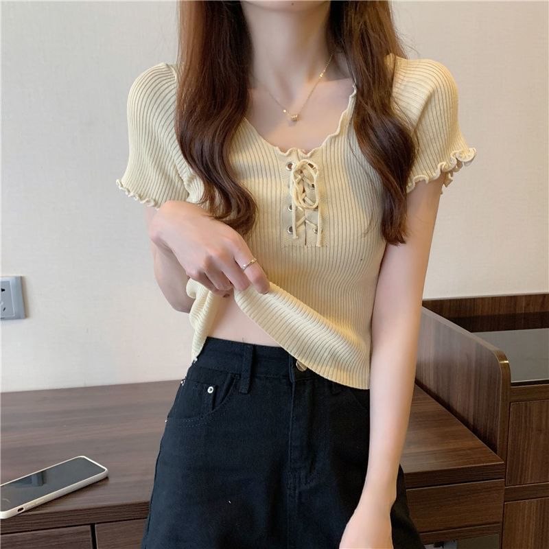 Short-Sleeve Knit Top Plain Lace Ribbed Up V-Neck