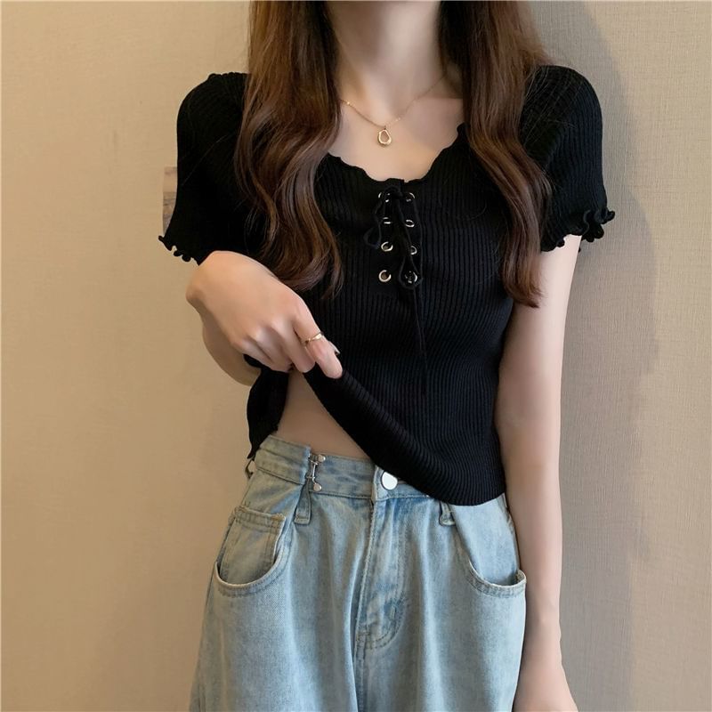 Short-Sleeve Knit Top Plain Lace Ribbed Up V-Neck