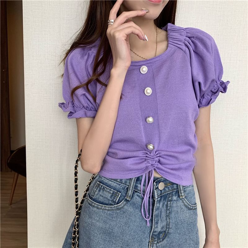 Neck Pearl Drawstring Faux Square Knit Short-Sleeve Button Plain Top