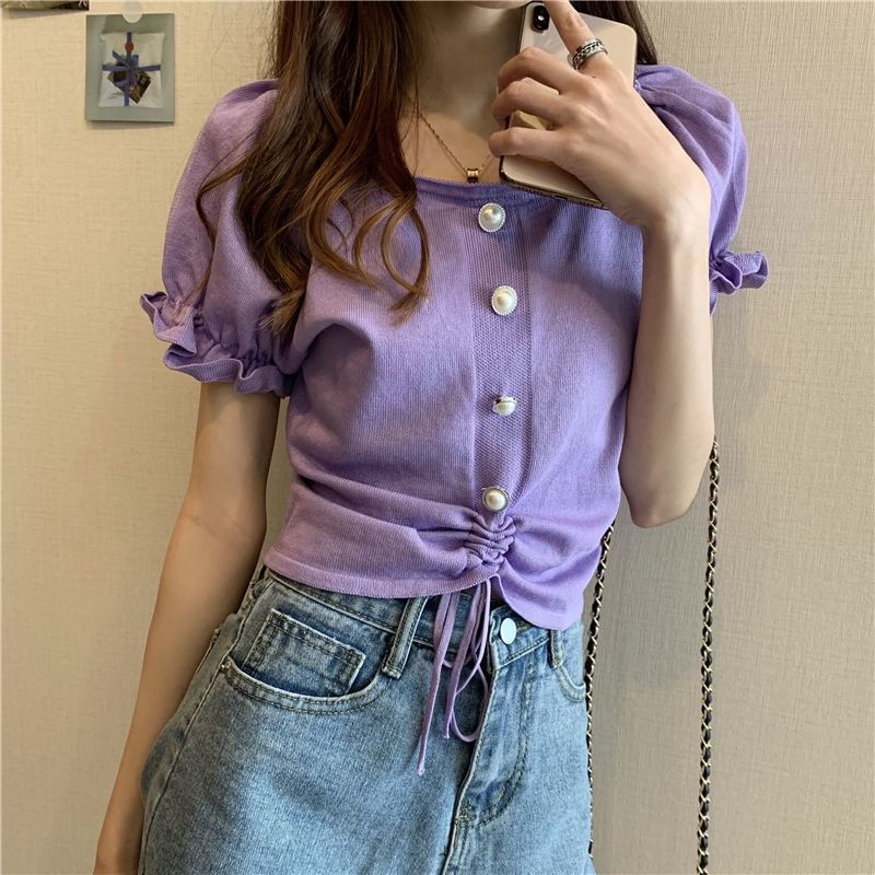 Neck Pearl Drawstring Faux Square Knit Short-Sleeve Button Plain Top