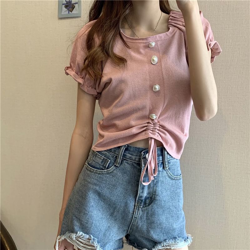 Neck Pearl Drawstring Faux Square Knit Short-Sleeve Button Plain Top