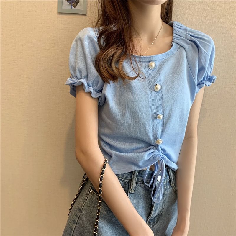 Neck Pearl Drawstring Faux Square Knit Short-Sleeve Button Plain Top
