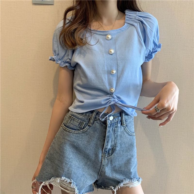Neck Pearl Drawstring Faux Square Knit Short-Sleeve Button Plain Top