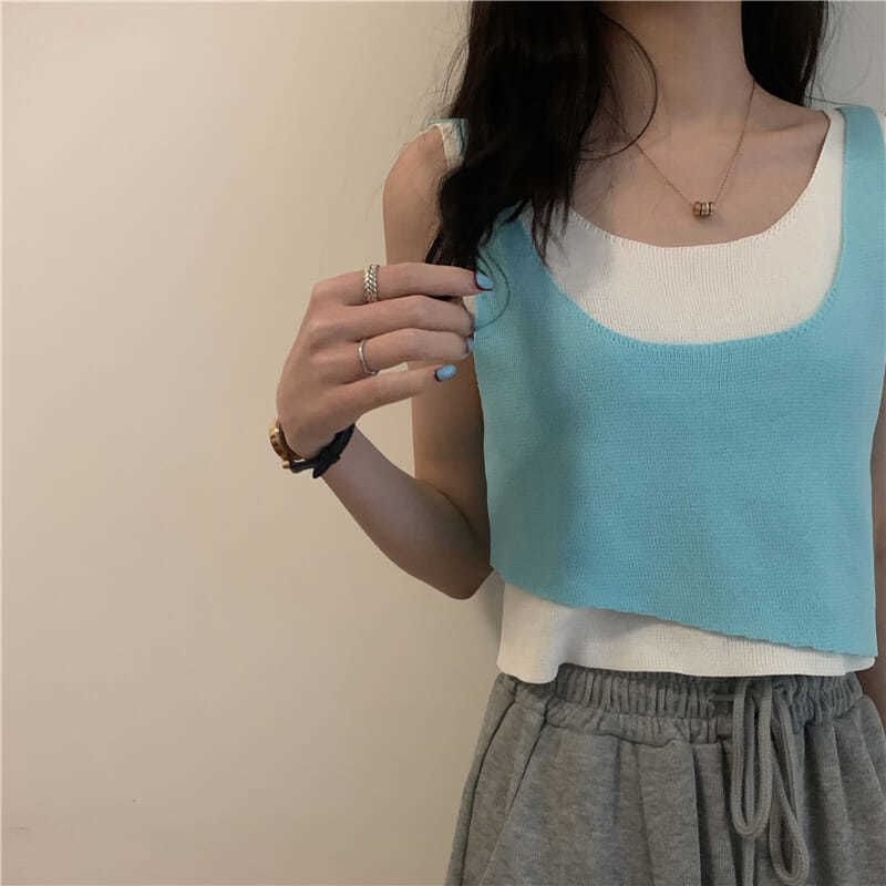 Knit Mock Piece Top Scoop Two Neck Tank
