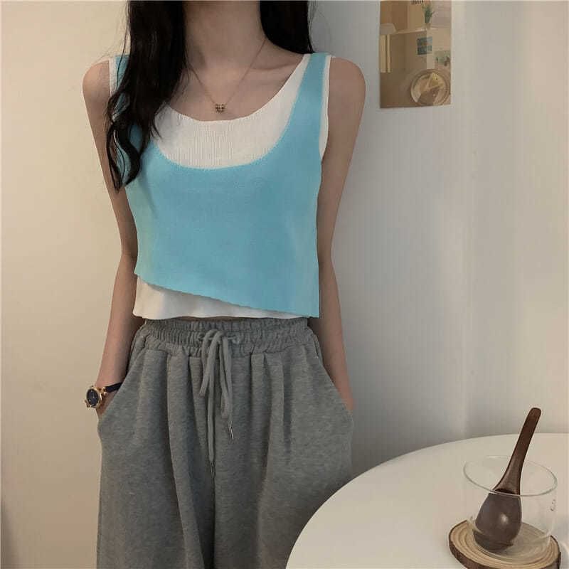 Knit Mock Piece Top Scoop Two Neck Tank