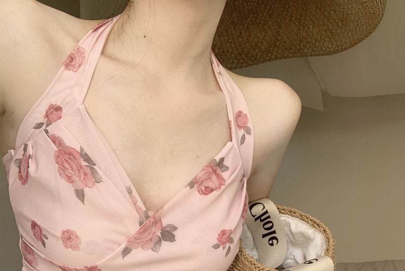 Plain Floral Crop Print Cardigan / Halter Neck Top