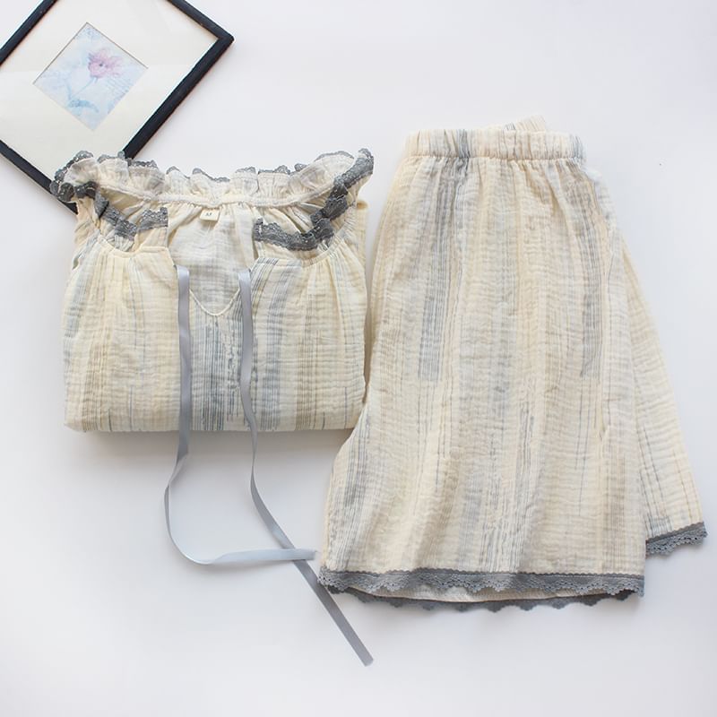 Pajama Set: Striped Lace-Trim Short-Sleeve Top with Shorts