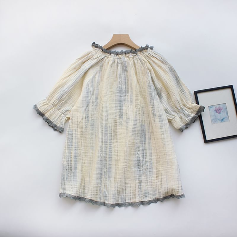 Pajama Set: Striped Lace-Trim Short-Sleeve Top with Shorts