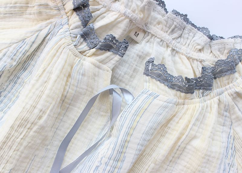 Pajama Set: Striped Lace-Trim Short-Sleeve Top with Shorts
