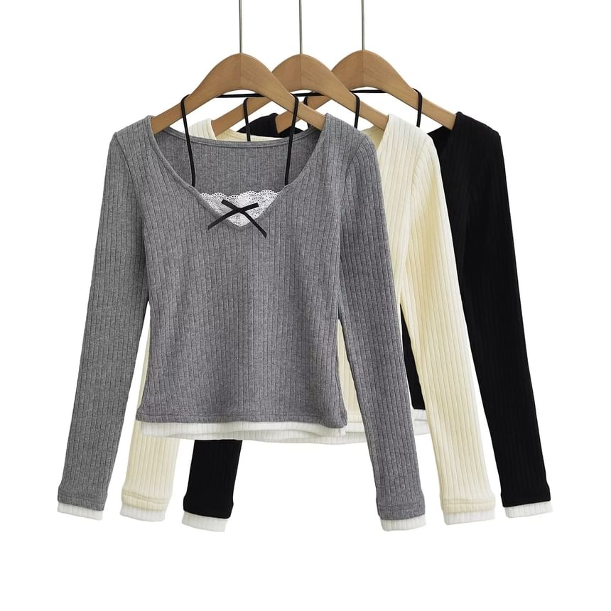 Mock Two-Piece Lace-Panel Slim Knit Long-Sleeve Top
