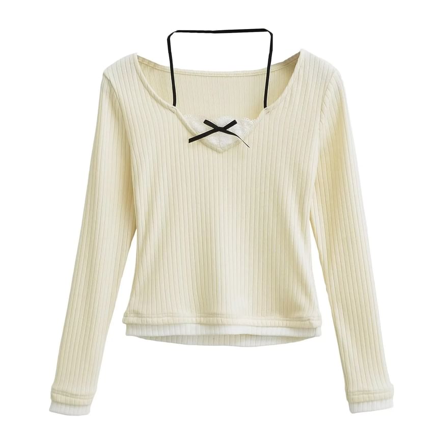Mock Two-Piece Lace-Panel Slim Knit Long-Sleeve Top