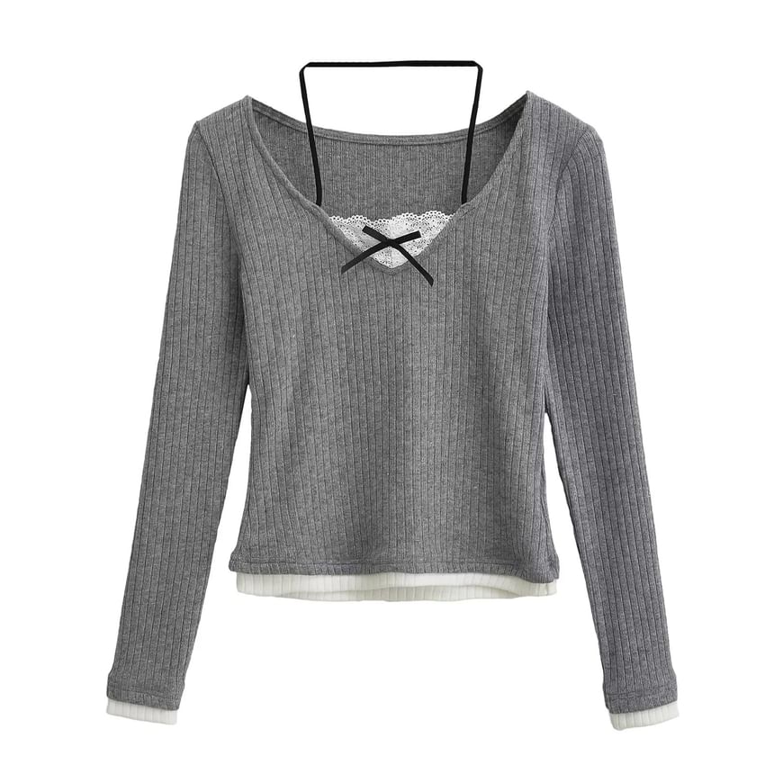 Mock Two-Piece Lace-Panel Slim Knit Long-Sleeve Top