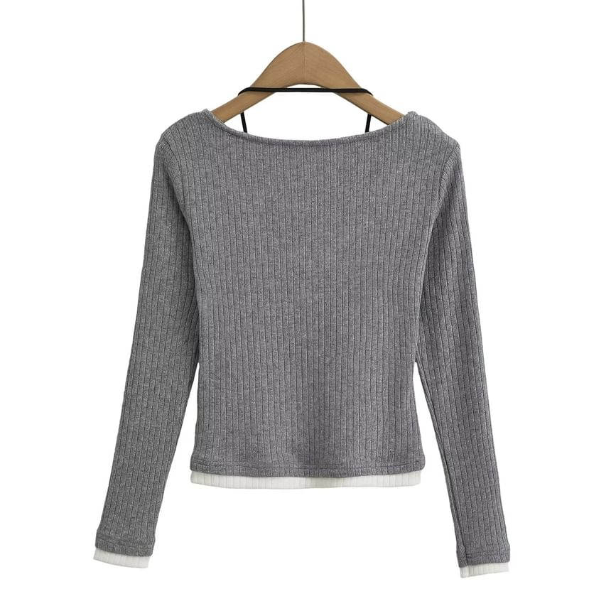 Mock Two-Piece Lace-Panel Slim Knit Long-Sleeve Top