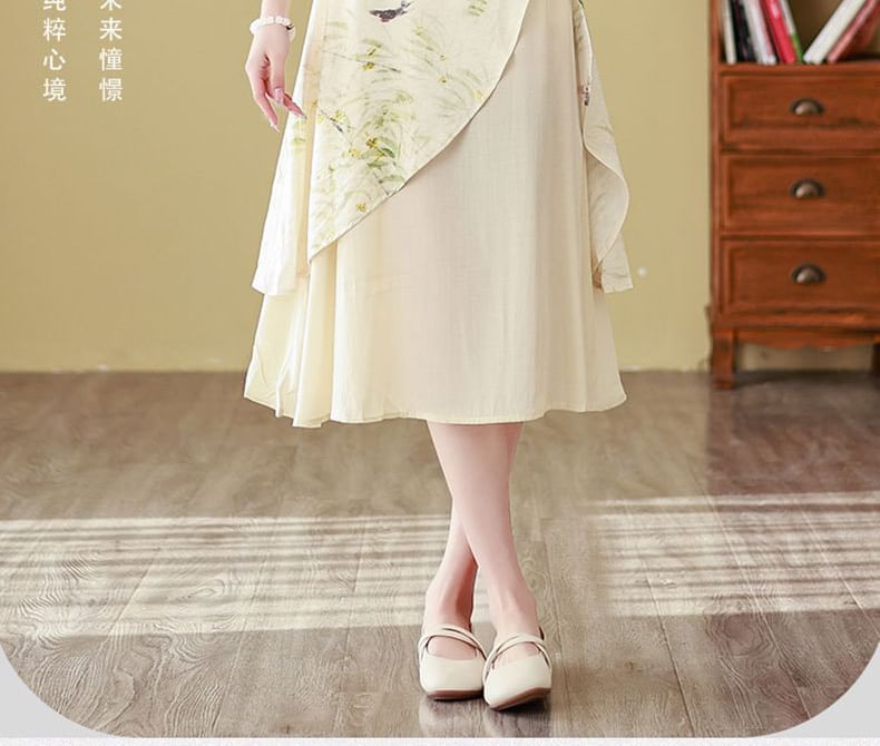 Short-Sleeve Floral Print Frog Buttoned Slit Midi A-Line Dress