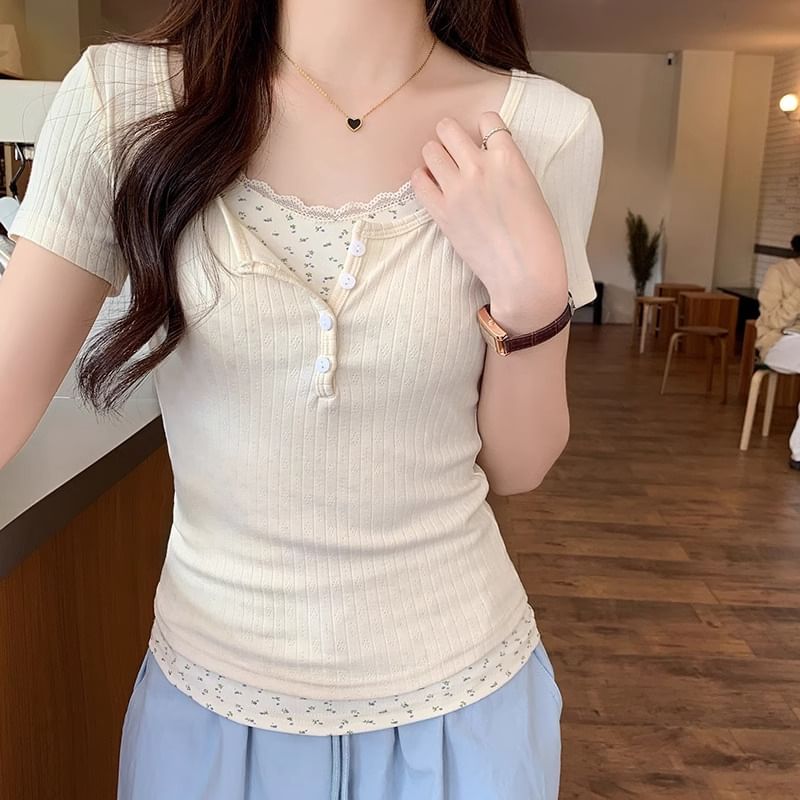 Mock Two-Piece Lace-Trim Short-Sleeve Tee