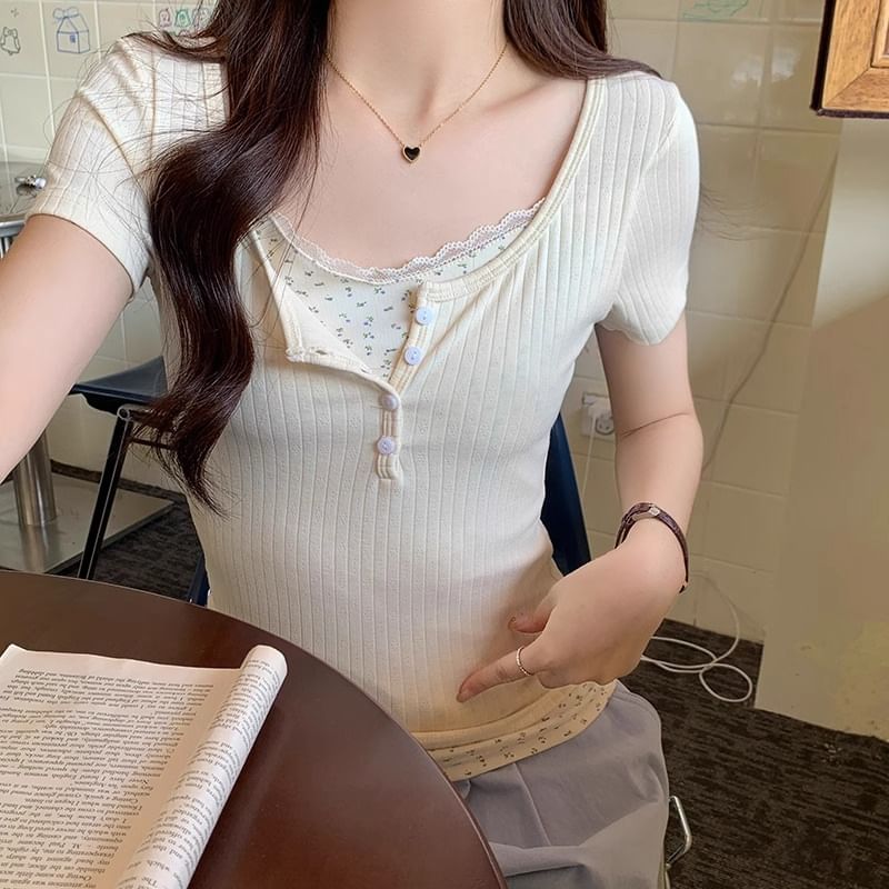 Mock Two-Piece Lace-Trim Short-Sleeve Tee