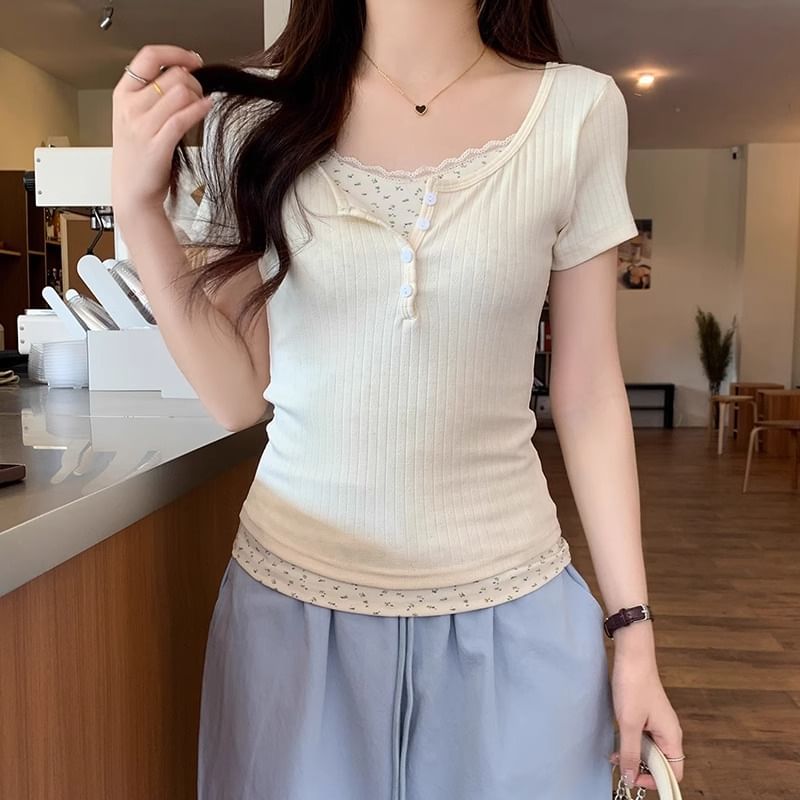 Mock Two-Piece Lace-Trim Short-Sleeve Tee