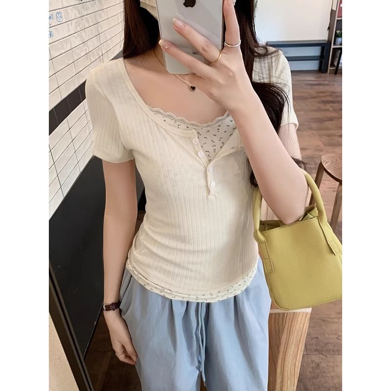 Mock Two-Piece Lace-Trim Short-Sleeve Tee