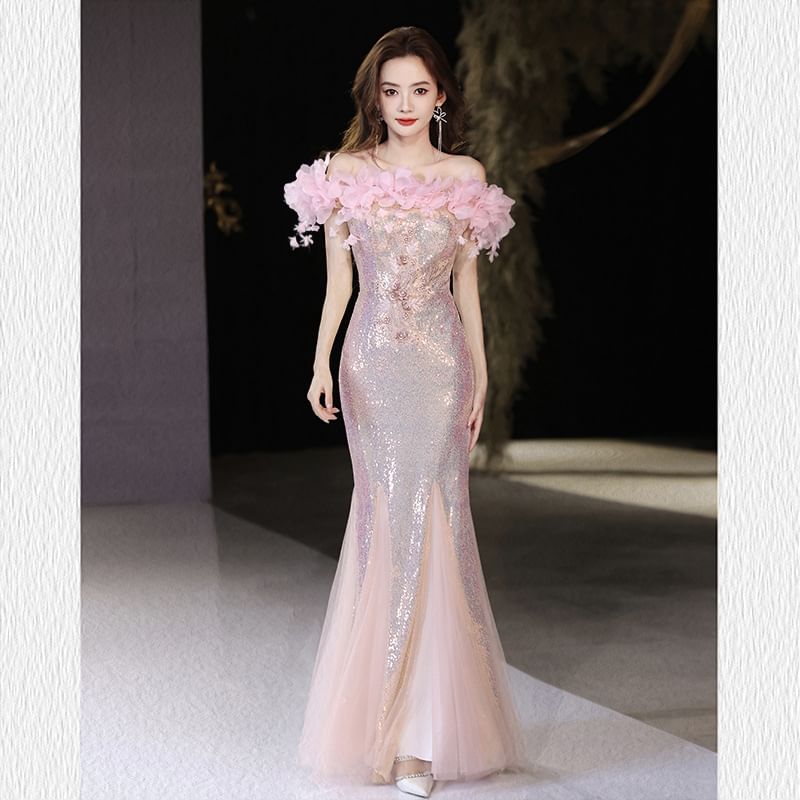Mermaid Detail Evening Sequin Gown Flower Off-Shoulder