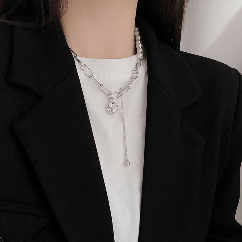 Faux Chain Necklace Rhinestone Pearl