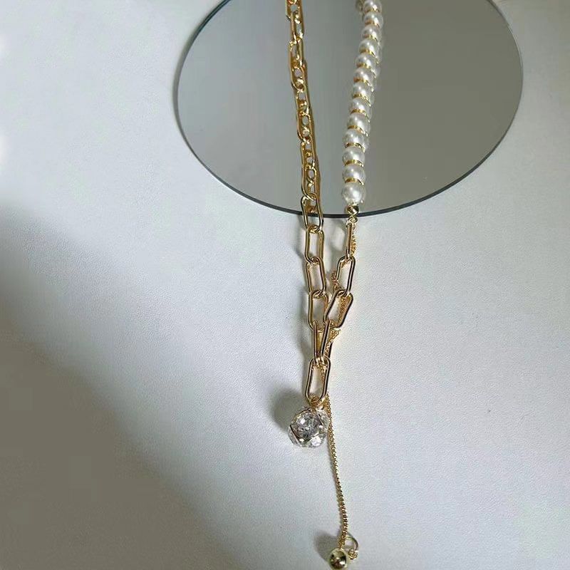 Faux Chain Necklace Rhinestone Pearl