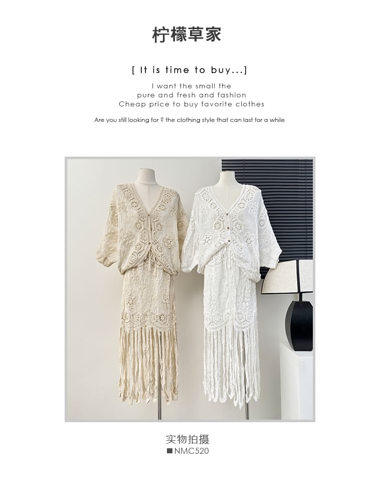 Lace V-Neck Blouse with Fringed High-Waist Pencil Skirt